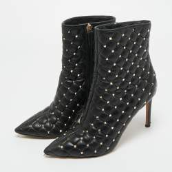 Pre Owned Valentino Black Leather Rockstud Ankle Length Boots Size 38