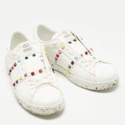 Pre Owned Valentino White Faux Leather Rockstud Open for a Change Sneakers Size 41.5