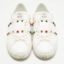 Pre Owned Valentino White Faux Leather Rockstud Open for a Change Sneakers Size 41.5