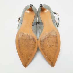 Pre Owned Valentino Blue Leather and Suede Rockstud Ankle Length Boots Size 36.5