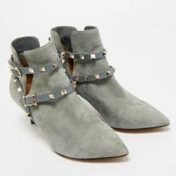 Pre Owned Valentino Blue Leather and Suede Rockstud Ankle Length Boots Size 36.5