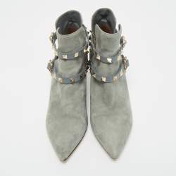 Pre Owned Valentino Blue Leather and Suede Rockstud Ankle Length Boots Size 36.5