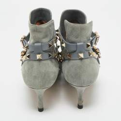Pre Owned Valentino Blue Leather and Suede Rockstud Ankle Length Boots Size 36.5
