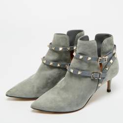 Pre Owned Valentino Blue Leather and Suede Rockstud Ankle Length Boots Size 36.5