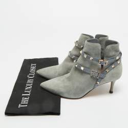 Pre Owned Valentino Blue Leather and Suede Rockstud Ankle Length Boots Size 36.5