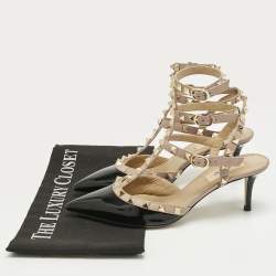 Pre Owned Valentino Black/Beige Patent Leather Rockstud Caged Ankle Strap Pumps Size 36.5