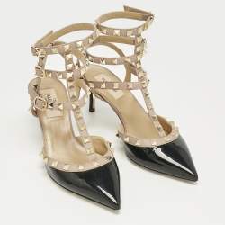 Pre Owned Valentino Black/Beige Patent Leather Rockstud Caged Ankle Strap Pumps Size 36.5