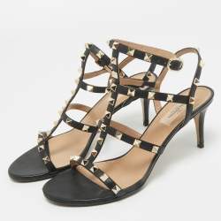 Pre Owned Valentino Black Leather Rockstud Ankle Strap Sandals Size 39