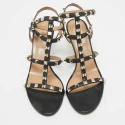 Pre Owned Valentino Black Leather Rockstud Ankle Strap Sandals Size 39