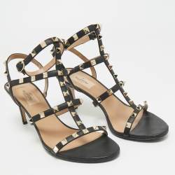 Pre Owned Valentino Black Leather Rockstud Ankle Strap Sandals Size 39
