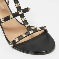 Pre Owned Valentino Black Leather Rockstud Ankle Strap Sandals Size 39