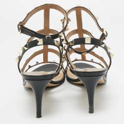 Pre Owned Valentino Black Leather Rockstud Ankle Strap Sandals Size 39