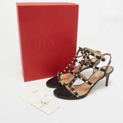 Pre Owned Valentino Black Leather Rockstud Ankle Strap Sandals Size 39