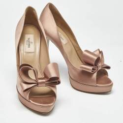 Pre Owned Valentino Dusty Pink Satin Bow Peep Toe Platform Pumps Size 39