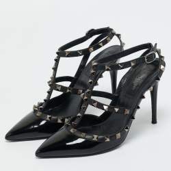 Pre Owned Valentino Black Leather and Patent Leather Rockstud Pumps Size 38