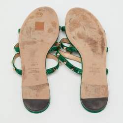 Pre Owned Valentino Green Suede Rockstud Crystal Embellished Flat Slide Sandals Size 40.5