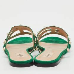 Pre Owned Valentino Green Suede Rockstud Crystal Embellished Flat Slide Sandals Size 40.5