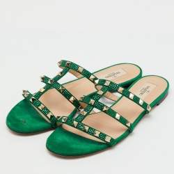 Pre Owned Valentino Green Suede Rockstud Crystal Embellished Flat Slide Sandals Size 40.5