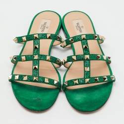 Pre Owned Valentino Green Suede Rockstud Crystal Embellished Flat Slide Sandals Size 40.5