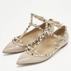 Pre Owned Valentino Beige Leather and Patent Leather Rockstud Ballet Flats Size 38.5