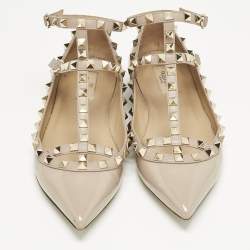 Pre Owned Valentino Beige Leather and Patent Leather Rockstud Ballet Flats Size 38.5