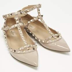 Pre Owned Valentino Beige Leather and Patent Leather Rockstud Ballet Flats Size 38.5