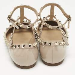 Pre Owned Valentino Beige Leather and Patent Leather Rockstud Ballet Flats Size 38.5