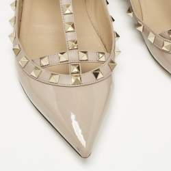 Pre Owned Valentino Beige Leather and Patent Leather Rockstud Ballet Flats Size 38.5