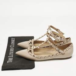 Pre Owned Valentino Beige Leather and Patent Leather Rockstud Ballet Flats Size 38.5