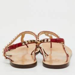 Pre Owned Valentino Red Leather Rockstud Thong Flat Sandals Size 38