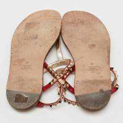 Pre Owned Valentino Red Leather Rockstud Thong Flat Sandals Size 38