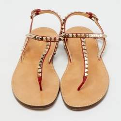 Pre Owned Valentino Red Leather Rockstud Thong Flat Sandals Size 38
