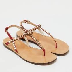 Pre Owned Valentino Red Leather Rockstud Thong Flat Sandals Size 38