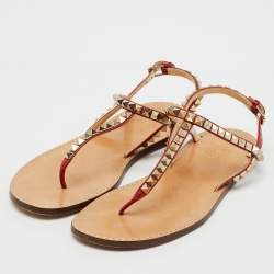 Pre Owned Valentino Red Leather Rockstud Thong Flat Sandals Size 38
