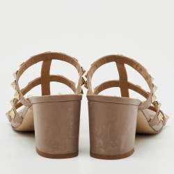 Pre Owned Valentino Beige Leather Rockstud Block Heel Slide Sandals Size 37
