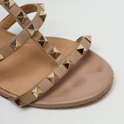 Pre Owned Valentino Beige Leather Rockstud Block Heel Slide Sandals Size 37