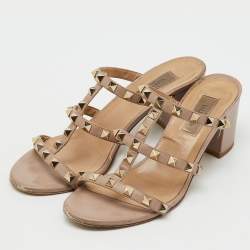 Pre Owned Valentino Beige Leather Rockstud Block Heel Slide Sandals Size 37