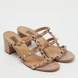 Pre Owned Valentino Beige Leather Rockstud Block Heel Slide Sandals Size 37