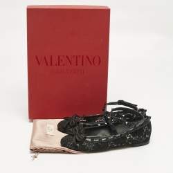Pre Owned Valentino Black Lace andLeather Rockstud Ballet Flats Size 36