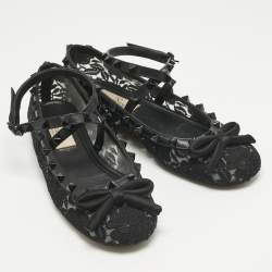 Pre Owned Valentino Black Lace andLeather Rockstud Ballet Flats Size 36