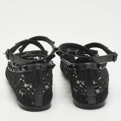 Pre Owned Valentino Black Lace andLeather Rockstud Ballet Flats Size 36