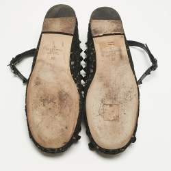Pre Owned Valentino Black Lace andLeather Rockstud Ballet Flats Size 36