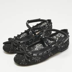 Pre Owned Valentino Black Lace andLeather Rockstud Ballet Flats Size 36