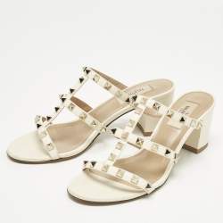 Pre Owned Valentino Cream Leather Rockstud Slide Sandals Size 37.5
