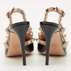 Pre Owned Valentino Black/Beige Patent and Leather Rockstud Caged Pumps Size 37