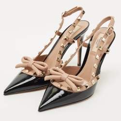 Pre Owned Valentino Black/Beige Patent and Leather Rockstud Caged Pumps Size 37