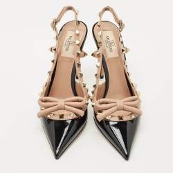 Pre Owned Valentino Black/Beige Patent and Leather Rockstud Caged Pumps Size 37