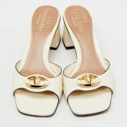 Pre Owned Valentino White Leather Vlogo Slide Sandals Size 38