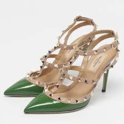 Pre Owned Valentino Beige/Green Leather and Patent Rockstud Pumps Size 36