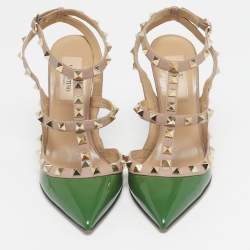 Pre Owned Valentino Beige/Green Leather and Patent Rockstud Pumps Size 36